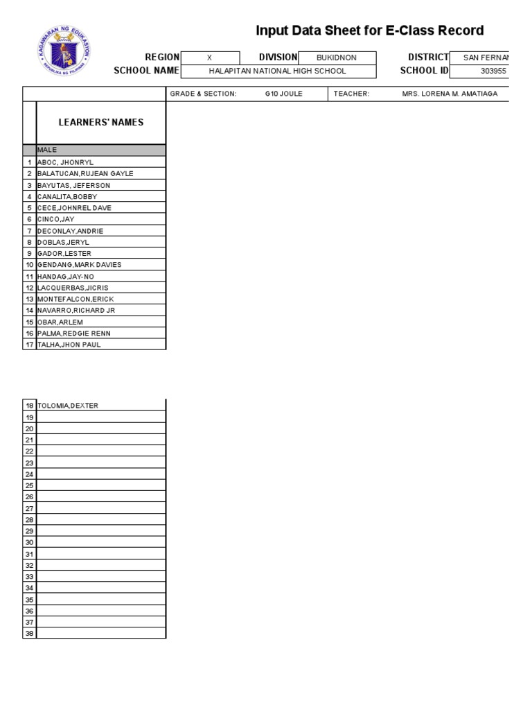 Class Record for Grade 10 Pascal Section of Halapitan National High