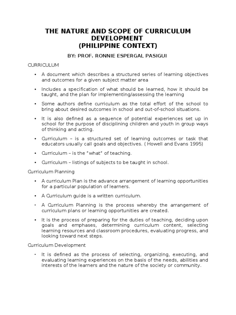 The Nature and Scope of Curriculum Development PDF Curriculum Goal