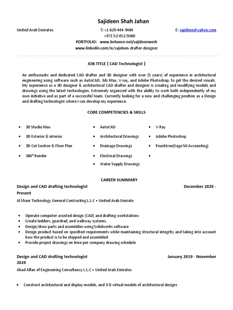 CAD Technologist Resume: Sajideen Shah Jahan | PDF | 3 D Computer ...