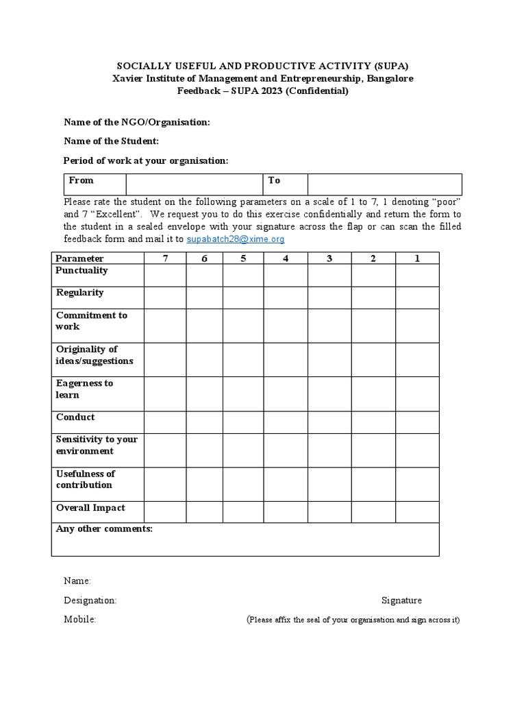 Supa Feedback Form Pdf