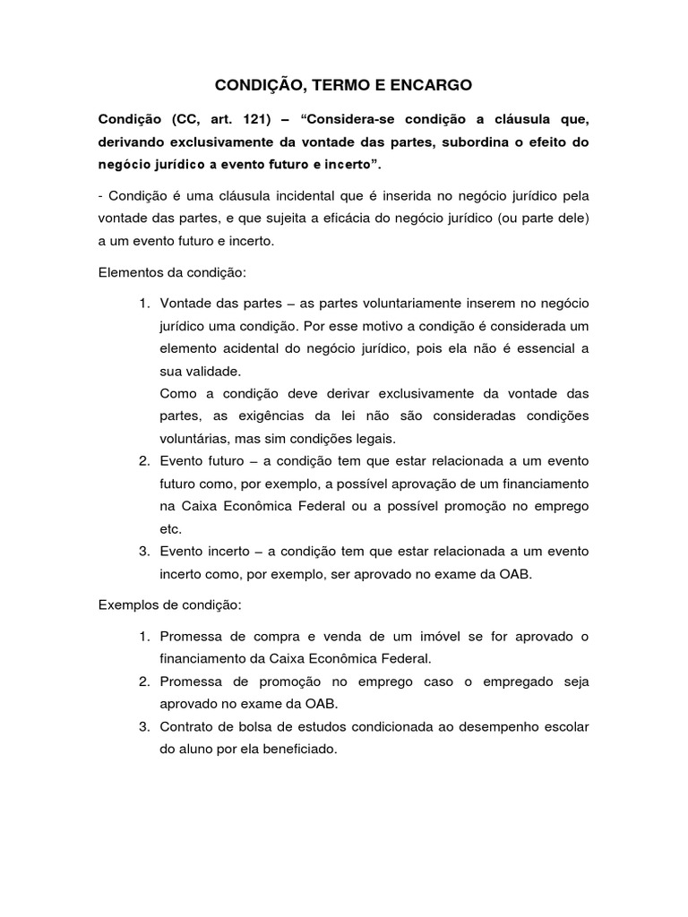 Condição, Termo e Encargo | PDF | Business | Direito Civil (sistema ...