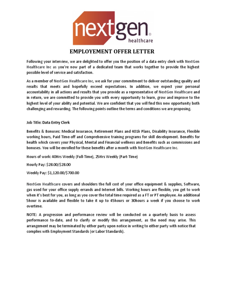 NextGen Healthcare Official Offer Letter PDF Employment Health Care