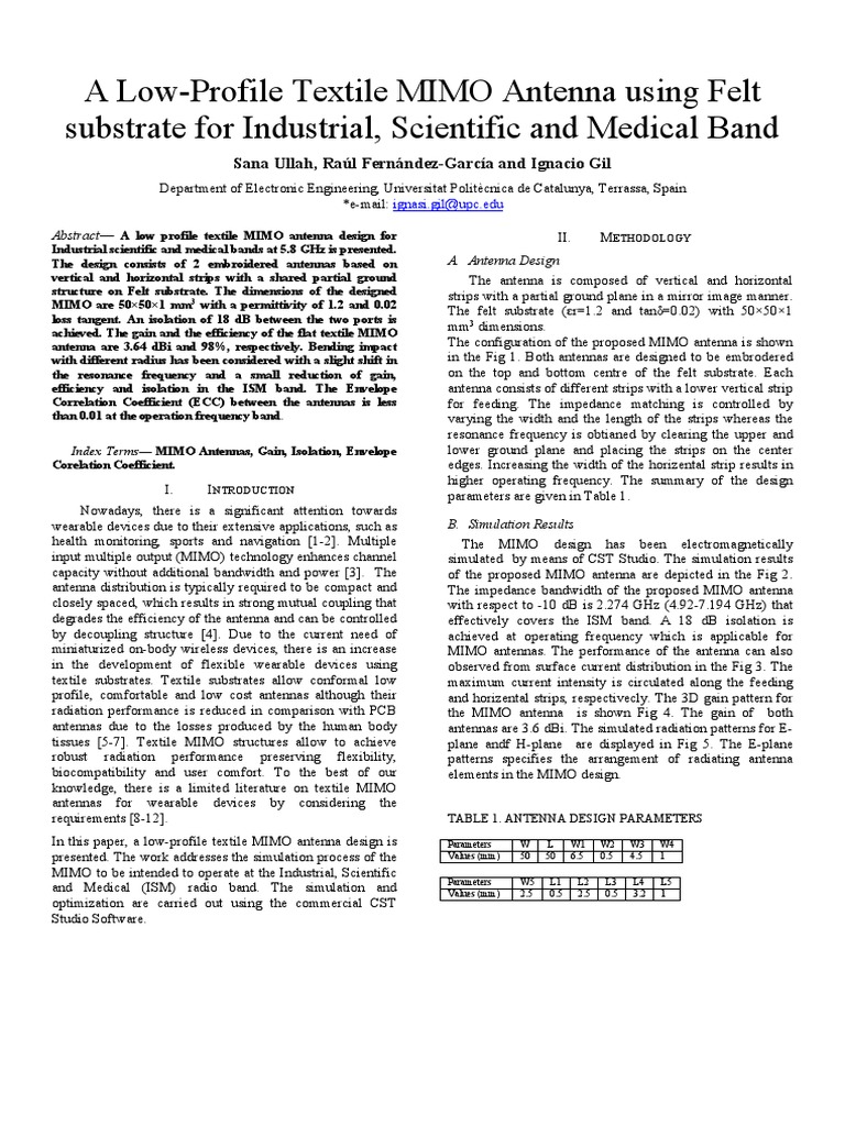 Design of Textile MIMO Antenna For ISM Band Applications | PDF
