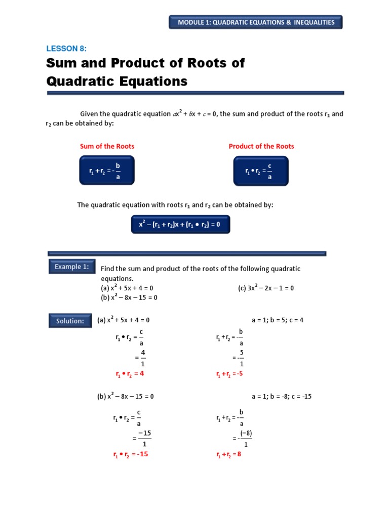 Sum And Product Of Roots Of Quadratic Equations Examples