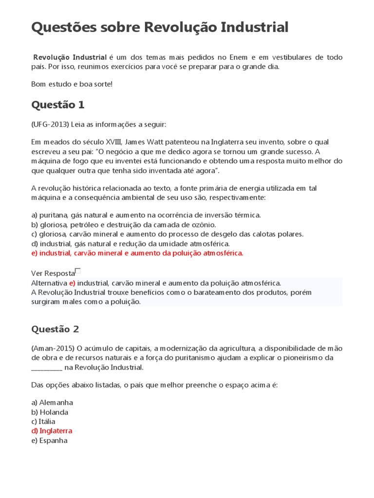 Questões sobre a Revolução Industrial | PDF | Revolução Industrial | Japão
