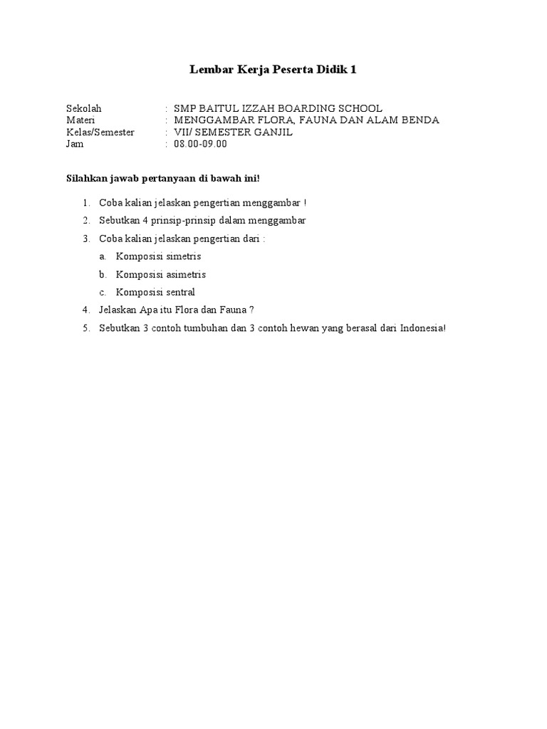 LKPD Bab 1 Menggambar Flora Fauna Dan Alam Benda Semester 1 | PDF
