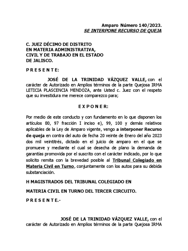 Recurso de Queja en Amparo 140/2023 | PDF | Ley procesal | Caso de ley
