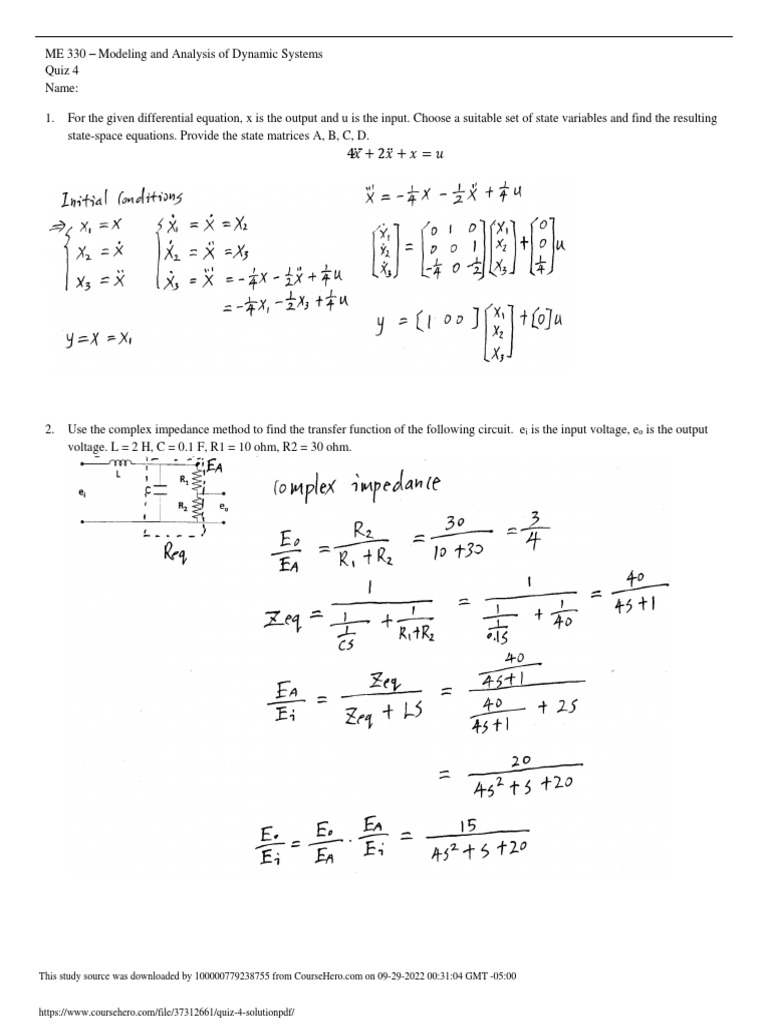 Me 330 quiz 4 state space equations transfer functions and