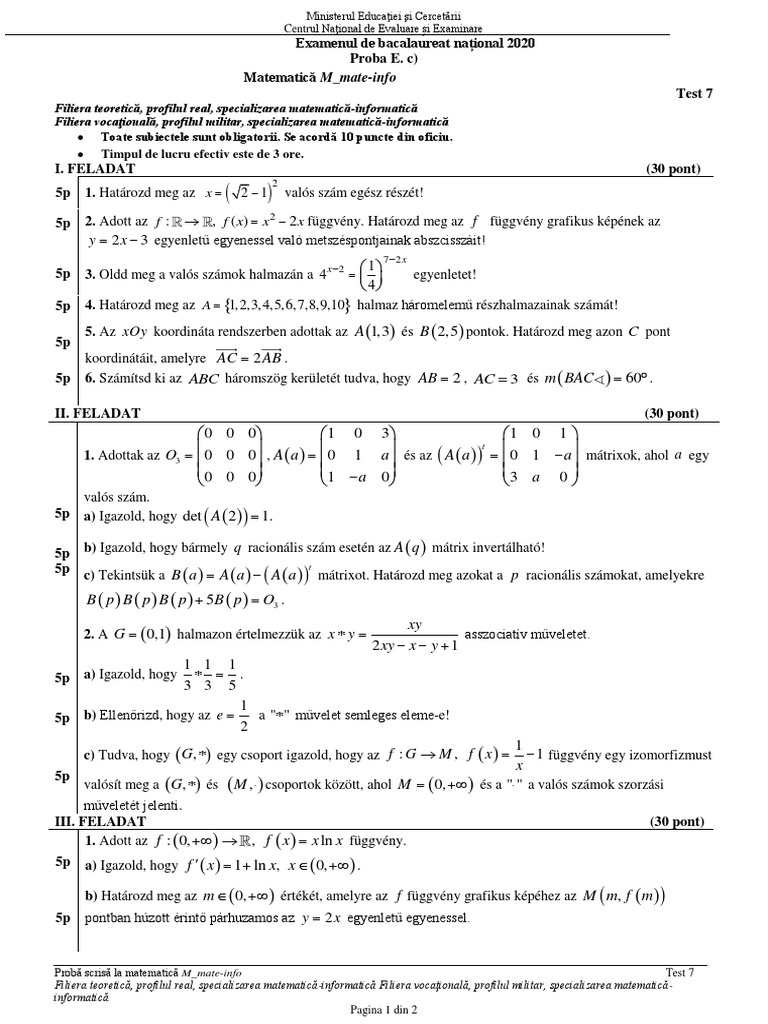 Bac 2020 E C Matematica M Mate-Info Var.7 LB - Maghiara | PDF