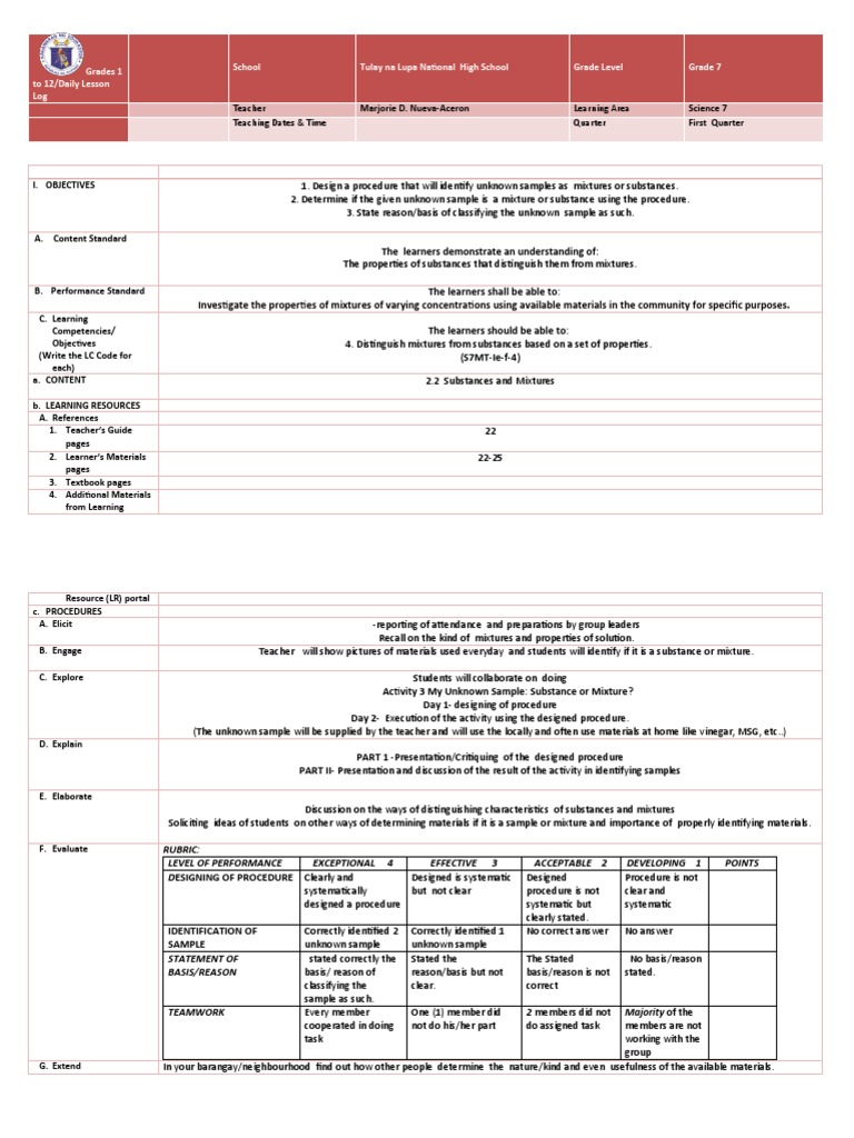 Grade 7 Science Lesson Log: Mixtures vs. Substances | PDF | Mixture ...