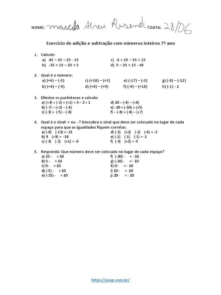 Exercícios de Adição e Subtração 7º Ano | PDF | Computadores