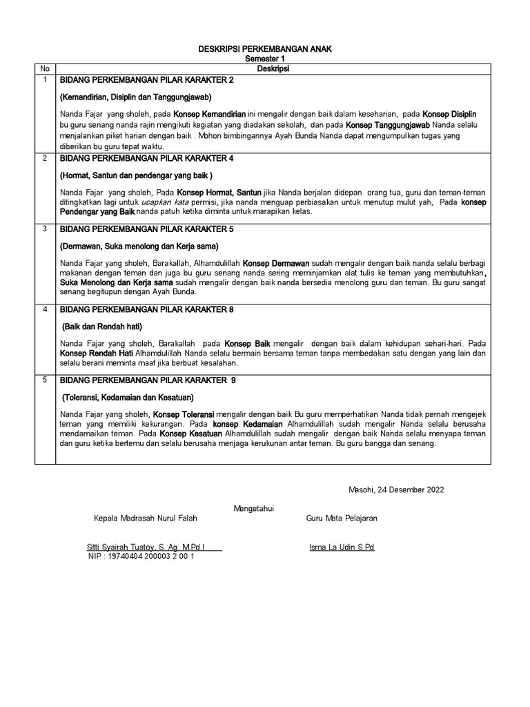 Deskripsi Perkembangan Anak Semester 1 | PDF | Karier & Perkembangan