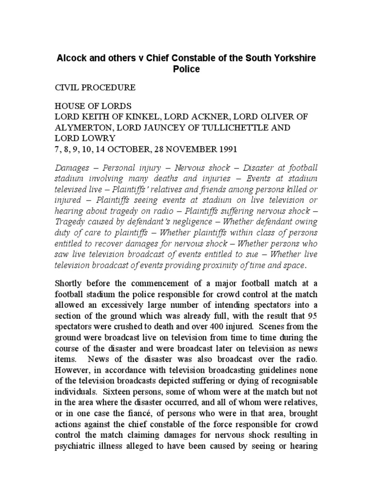 Alcock and Others V Chief Constable of The South Yorkshire Police | PDF ...