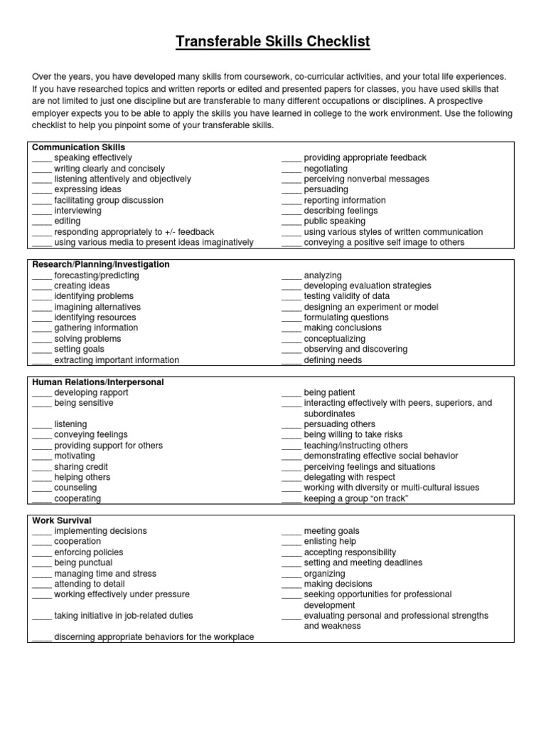 Transferable Skills Checklist | PDF | Communication | Psychological ...