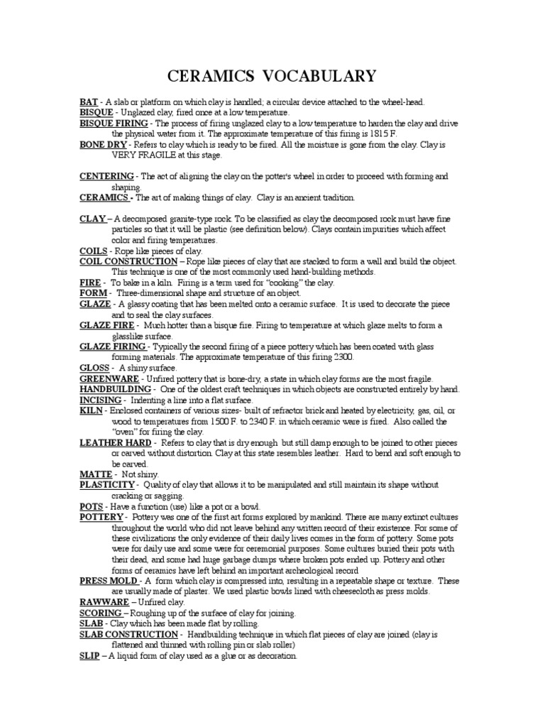 Ceramics Vocabulary PDF Pottery Clay