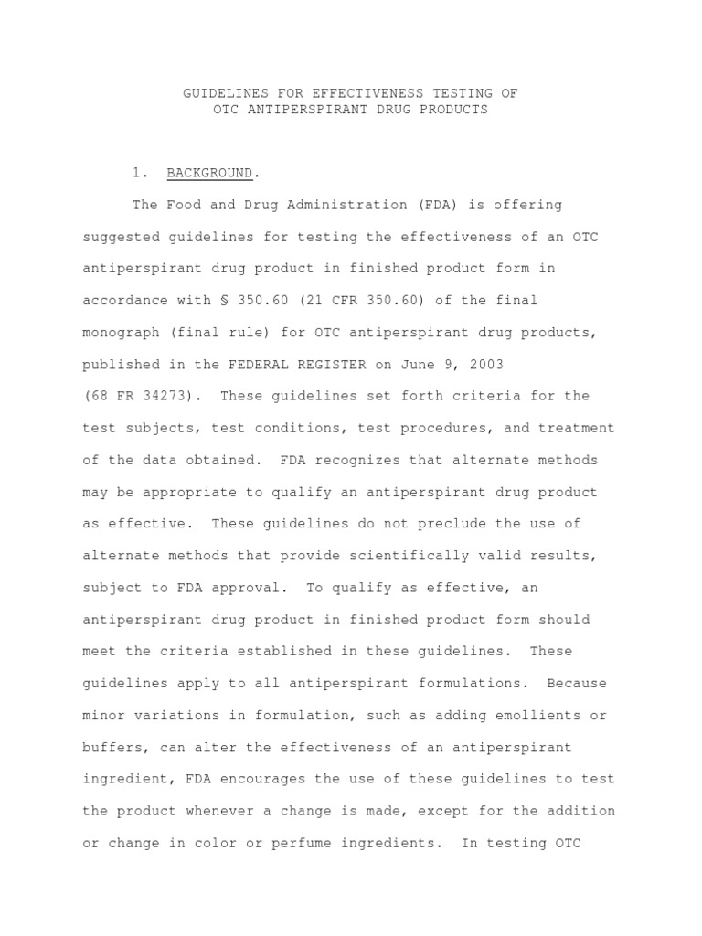 FDA Guidelines For Effectiveness Testing of Antiperspirant Drug