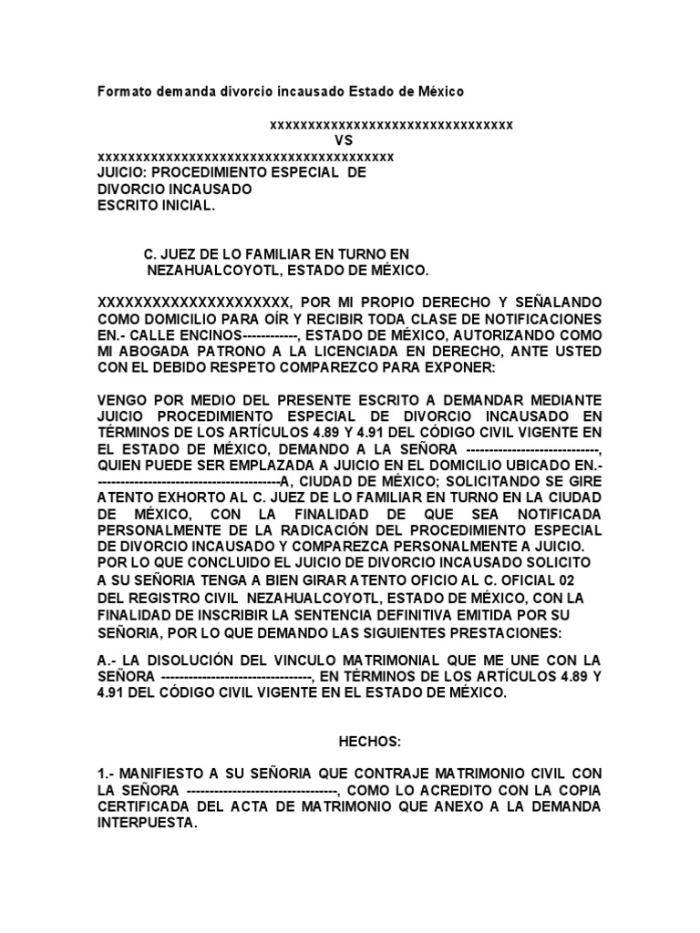 Demanda De Divorcio Incausado Formato Hoja
