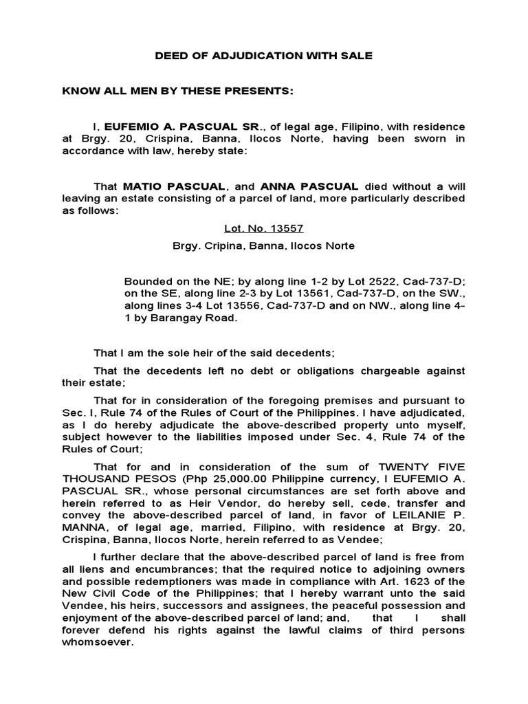 Deed of Adjudication With Sale PDF
