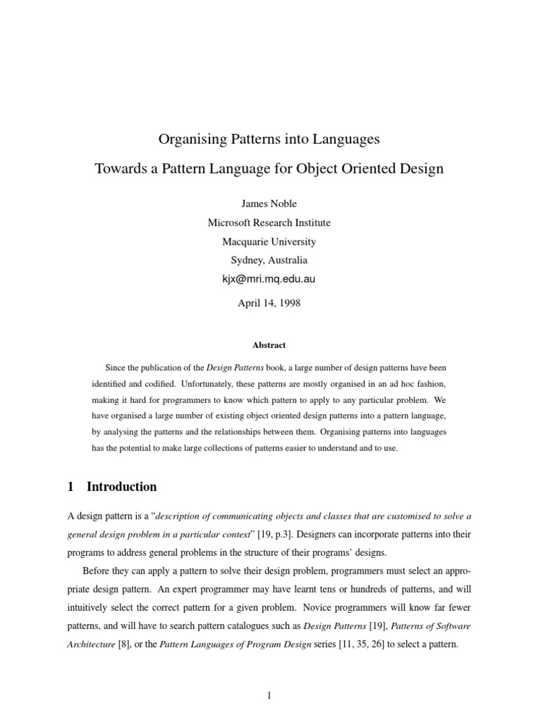 Organising Patterns Into Languages Towards A Pattern Language For ...