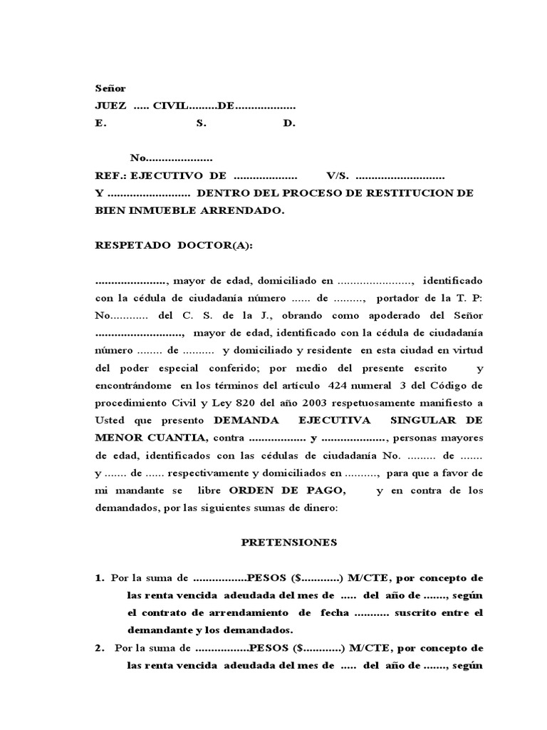 Demanda de Restitución de Bien Inmueble | PDF | Demanda judicial ...