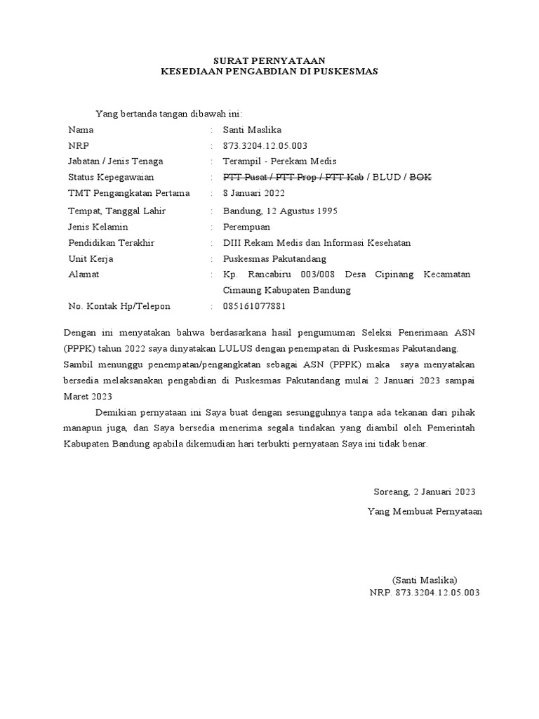 Surat Pernyataan Pengabdian Santi | PDF
