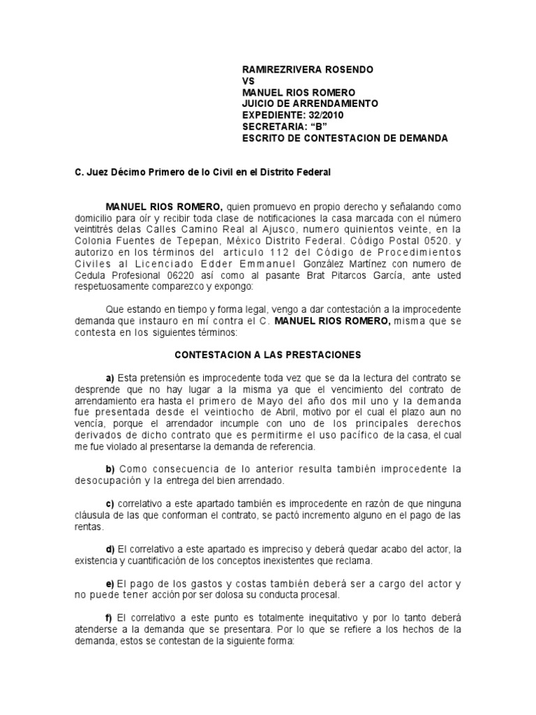 Contestación a Demanda de Arrendamiento | PDF | Demanda judicial | Bancos