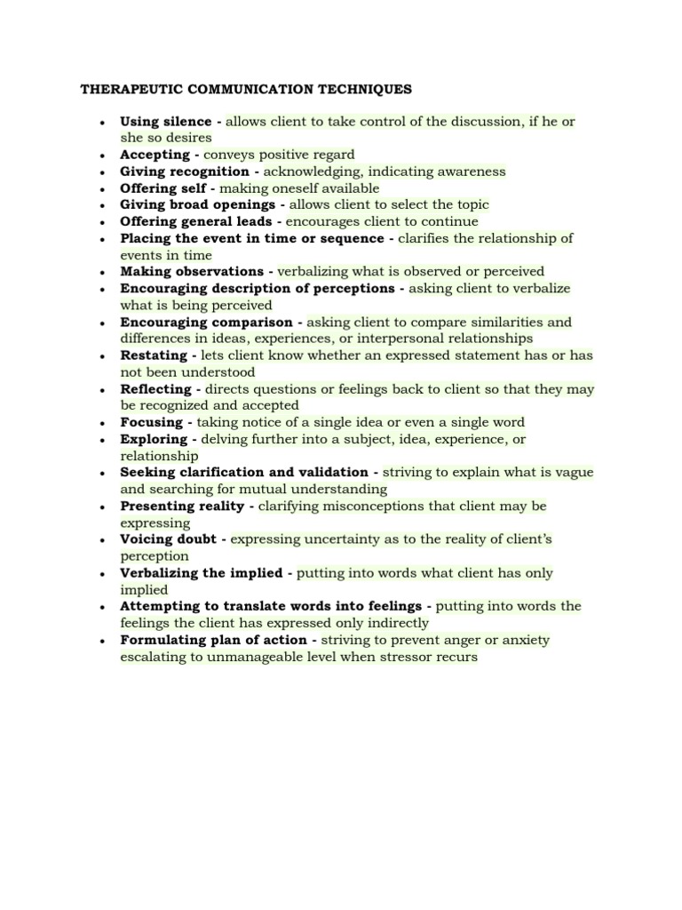 Therapeutic Communication Techniques PDF Cognitive Behavioral