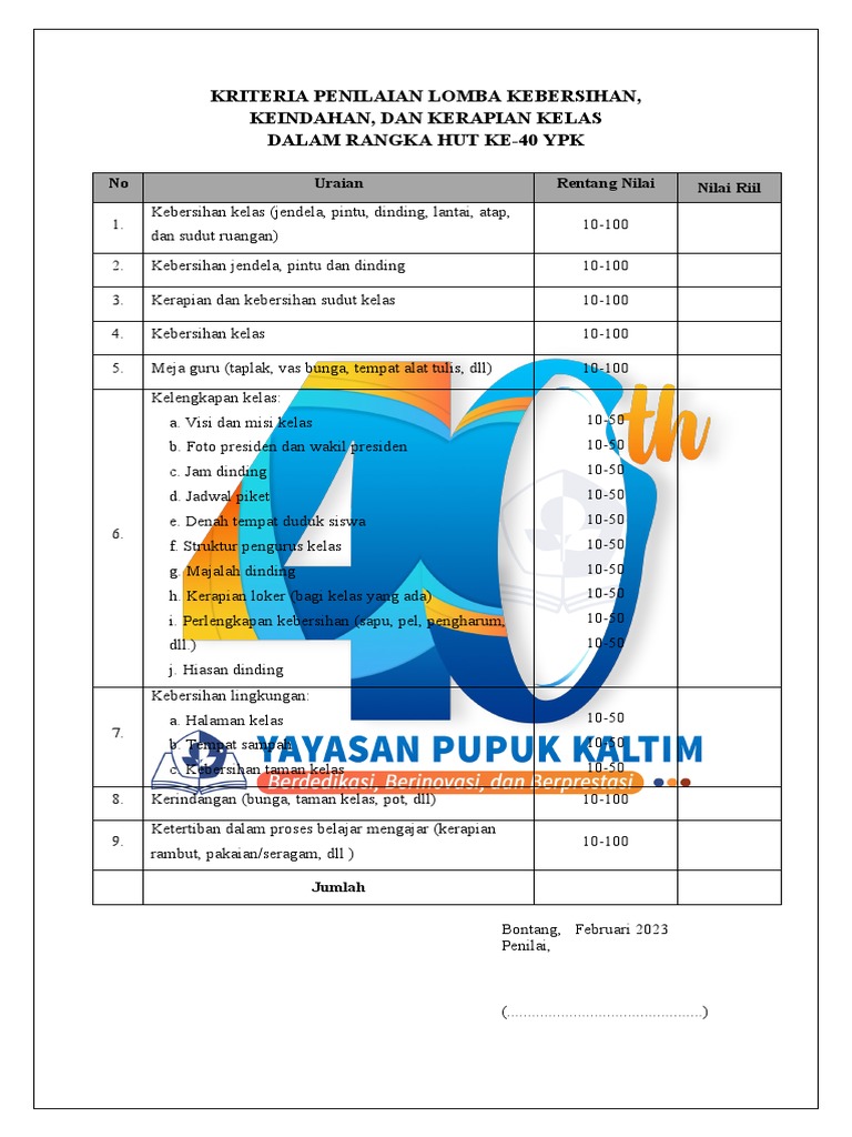 Contoh Kriteria Penilaian Lomba Kebersihan Kelas | PDF