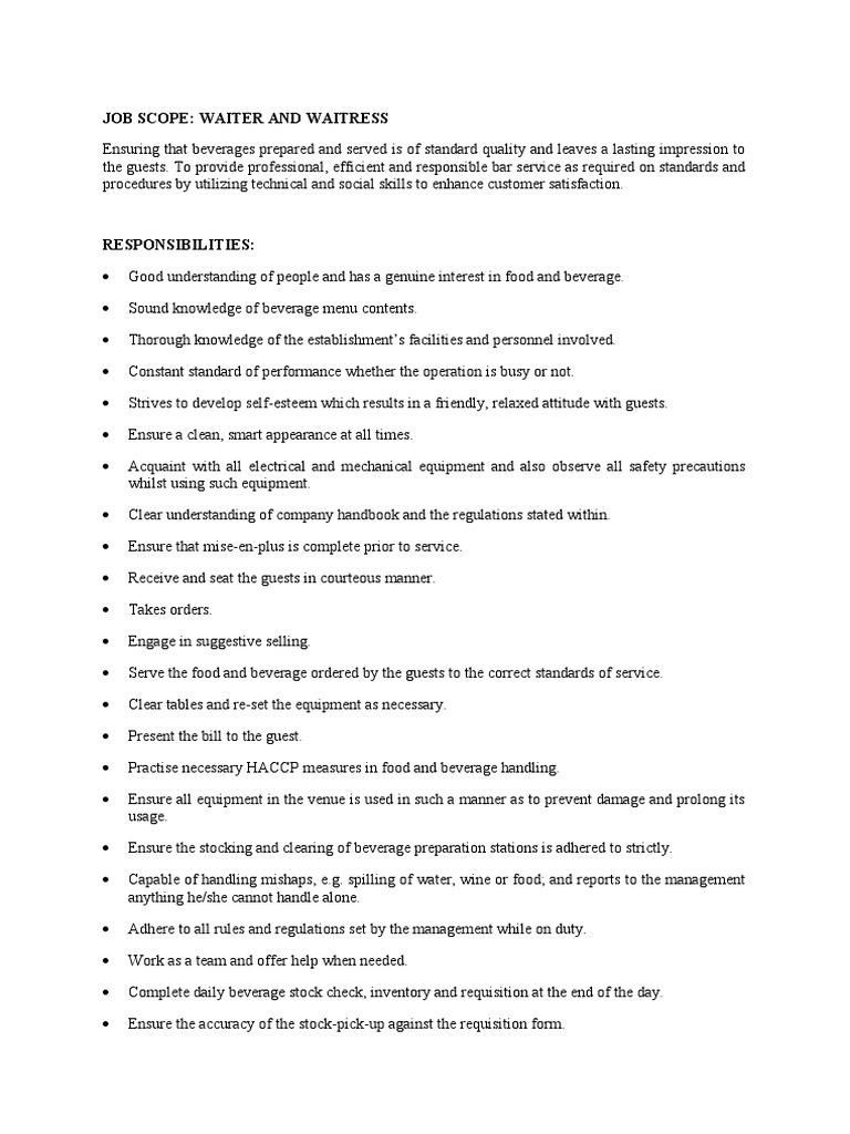 Job Scope - Waiter and Waitress | PDF | Business | Wellness