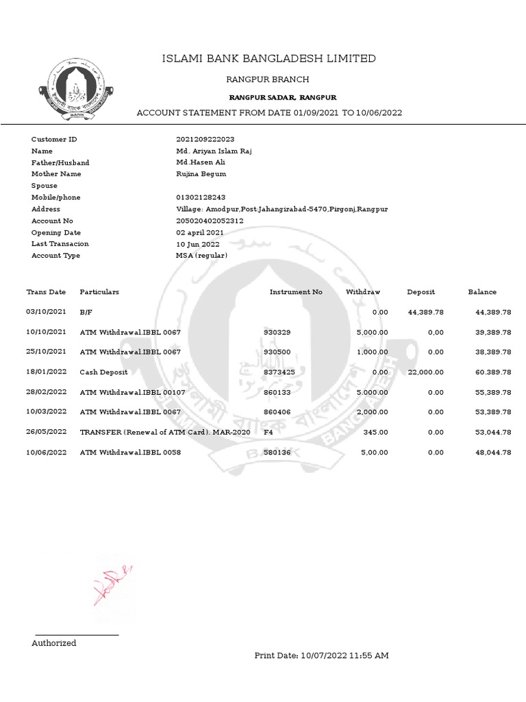 Islami BD Bank Statement PDF