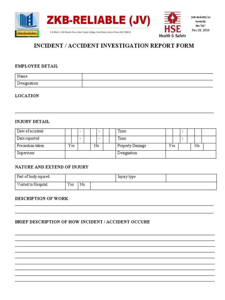 Incident Investigation Report Form: ZKB-Reli/HSE/AI Form/01 Rev