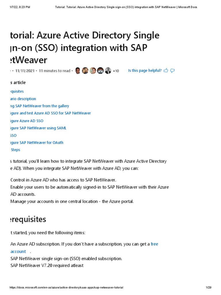 Tutorial - Tutorial - Azure Active Directory Single Sign-On (SSO)  Integration With SAP NetWeaver - Microsoft Docs | PDF | Active Directory |  Microsoft Azure
