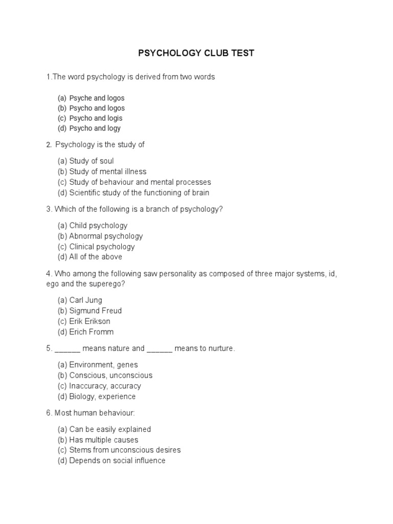 Psychology Club Test PDF