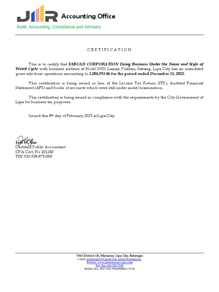 Certification of Gross Sales Statements | PDF | Certified Public ...