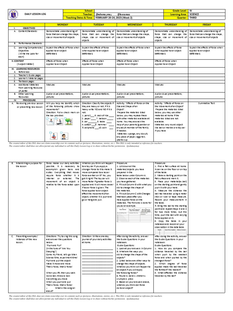 DLL - SCIENCE 4 - Q3 - WEEK 2 Explain The Effects of Force@edumaymay ...