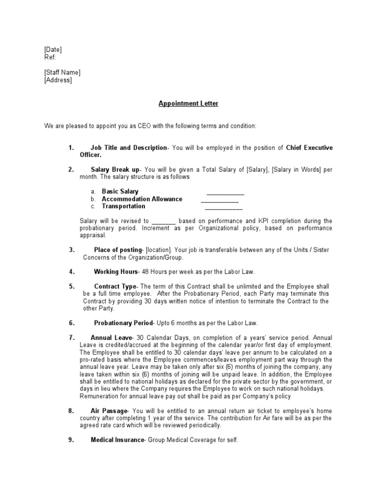 CEO Appointment Letter Template | PDF | Employment | Salary