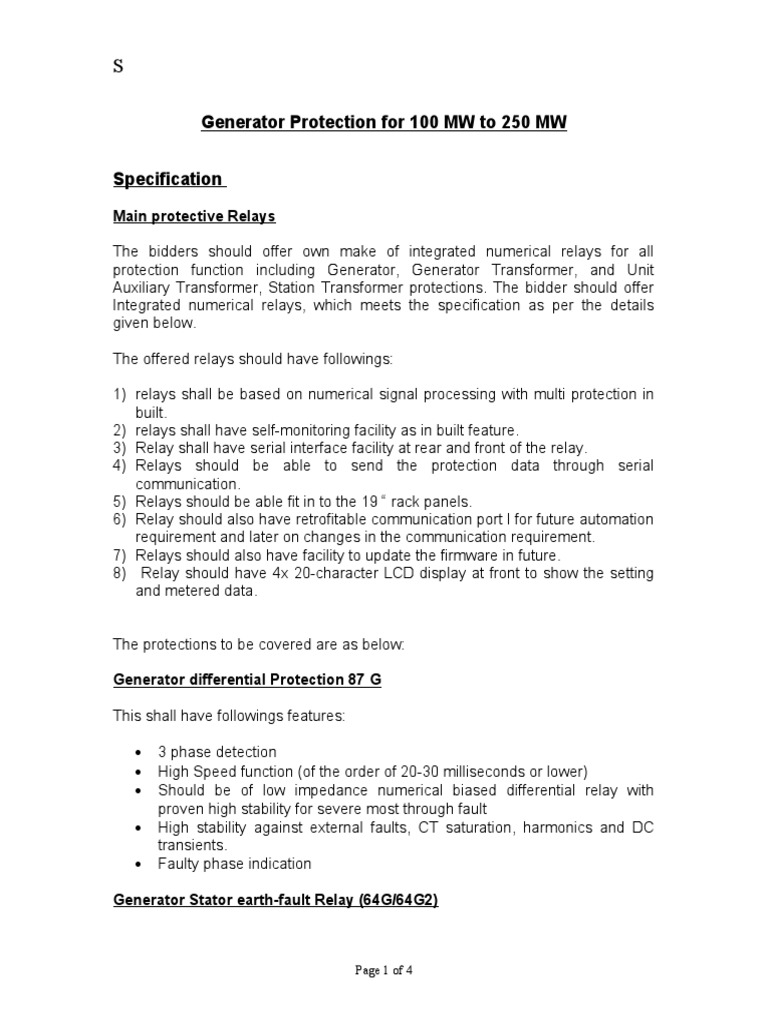 Generator Protection Systems 100-250 MW | PDF | Relay | Electric Generator
