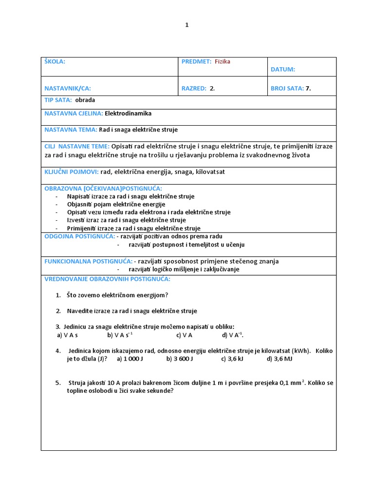 07.sat Rad I Snaga Električne Struje | PDF