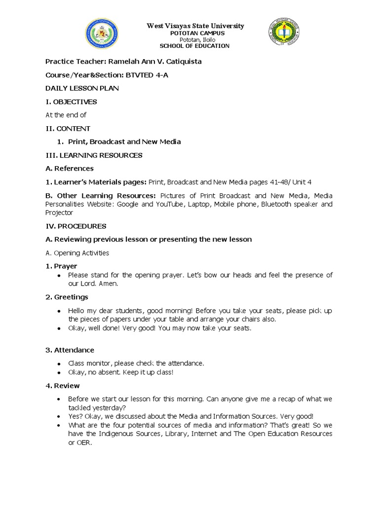 Daily Lesson Plan | Download Free PDF | Mass Media | Popular Culture