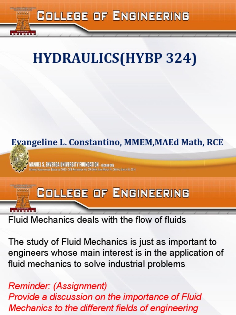 Hydraulics Lecture Part I (Introduction) PDF Pressure Fluid Mechanics