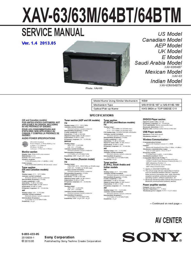 Sony Xav63m Xav64bt BTM Ver1.4 SM PDF Antenna (Radio) Frequency