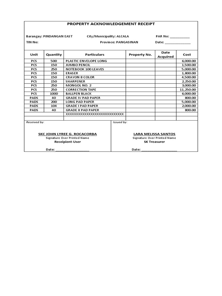 Property Acknowledgement Receipt 2023 | PDF