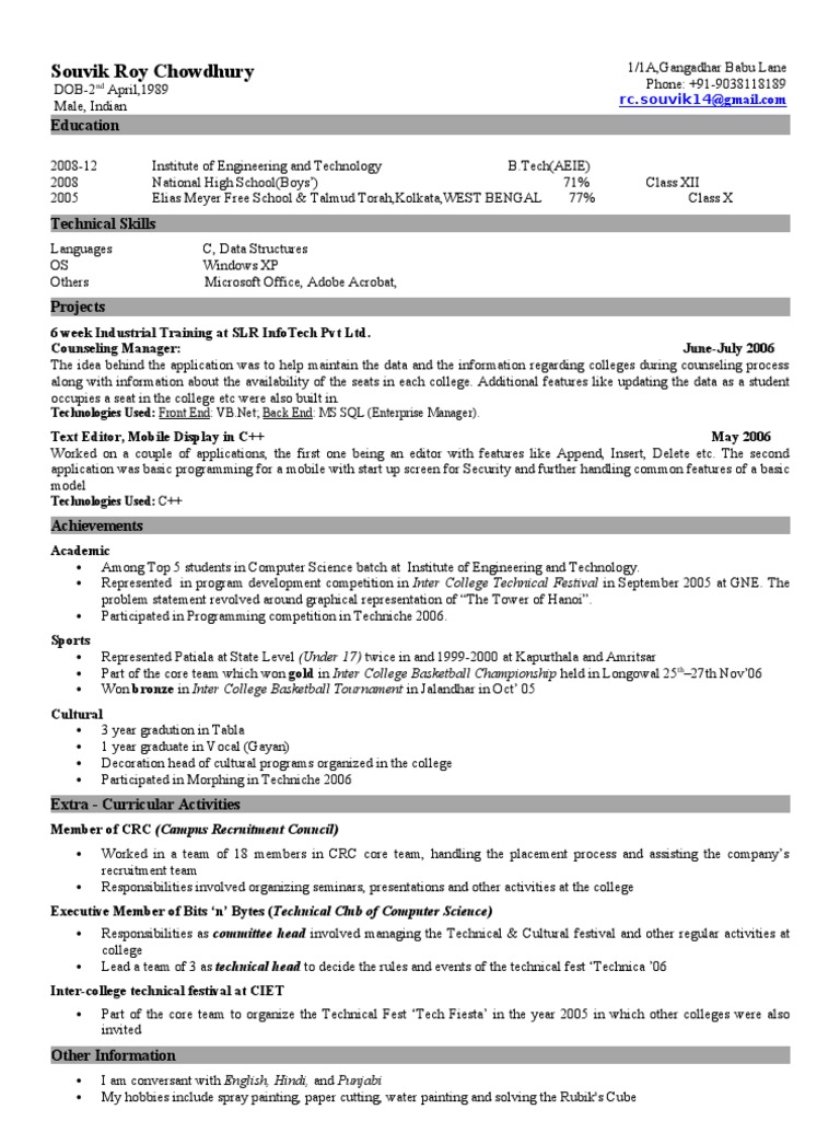 Souvik Roy Chowdhury's Resume Overview | PDF | Microsoft Windows ...