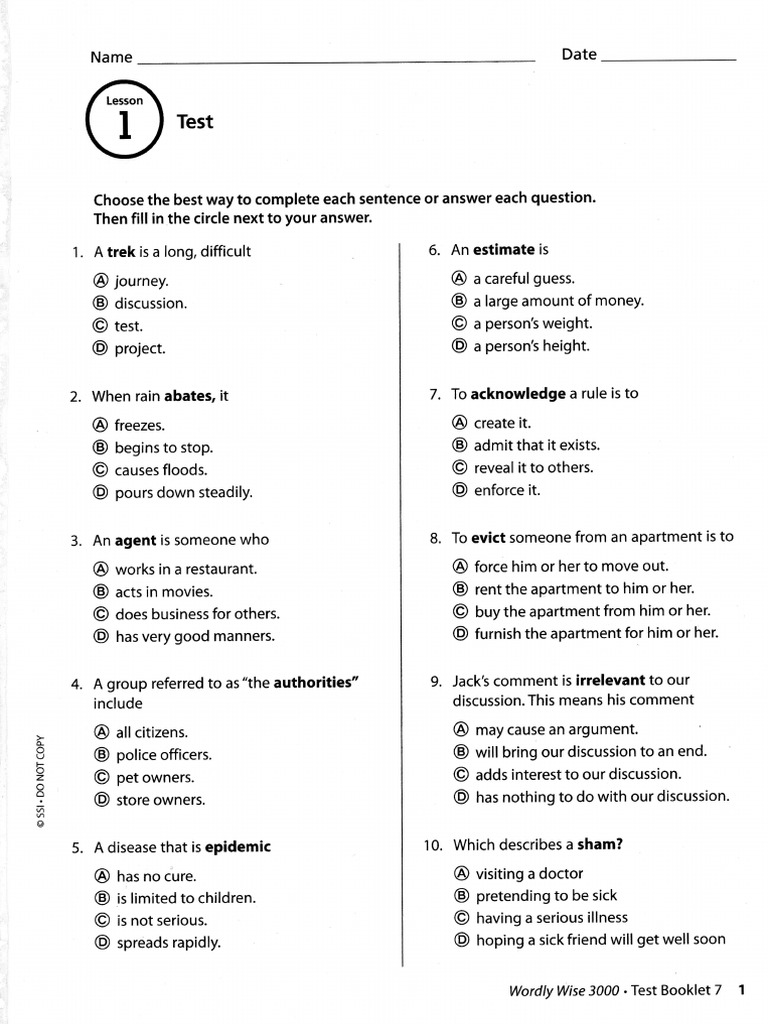 Wordly Wise, Grade 7 - Test Booklet | PDF