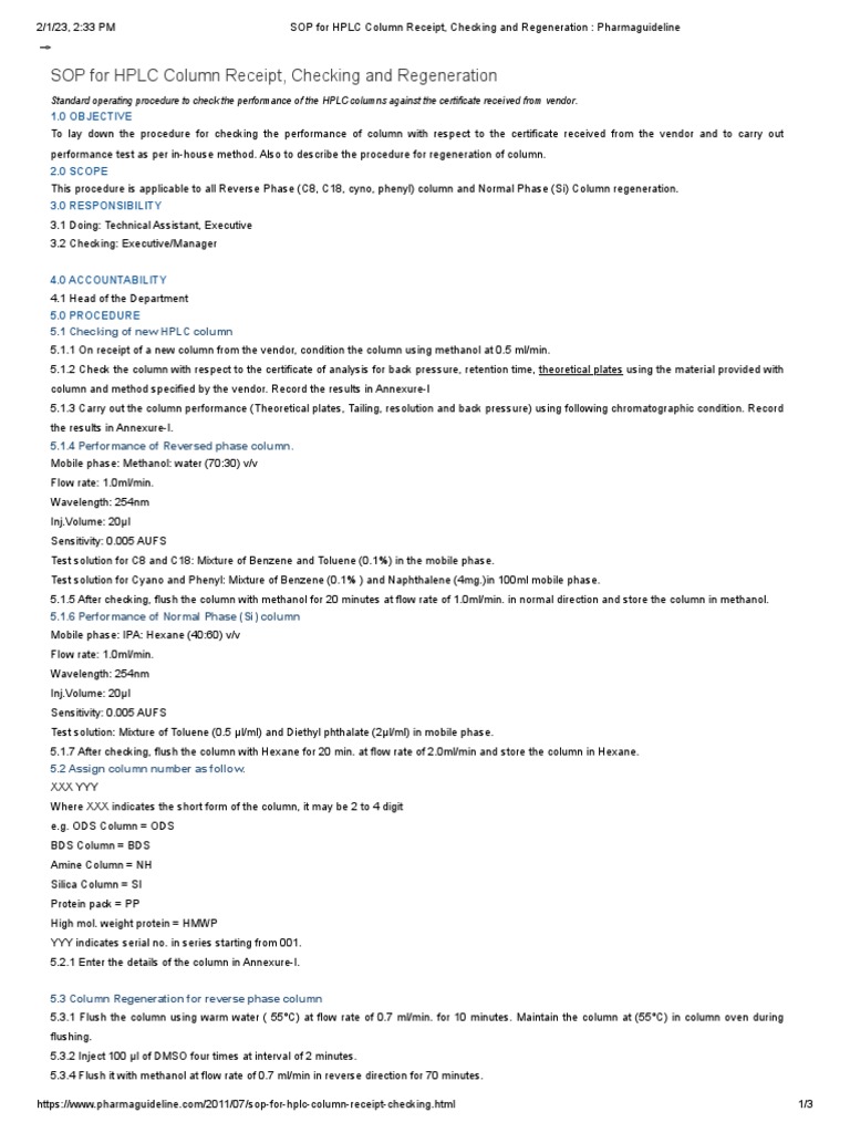 SOP For HPLC Column Receipt, Checking and Regeneration