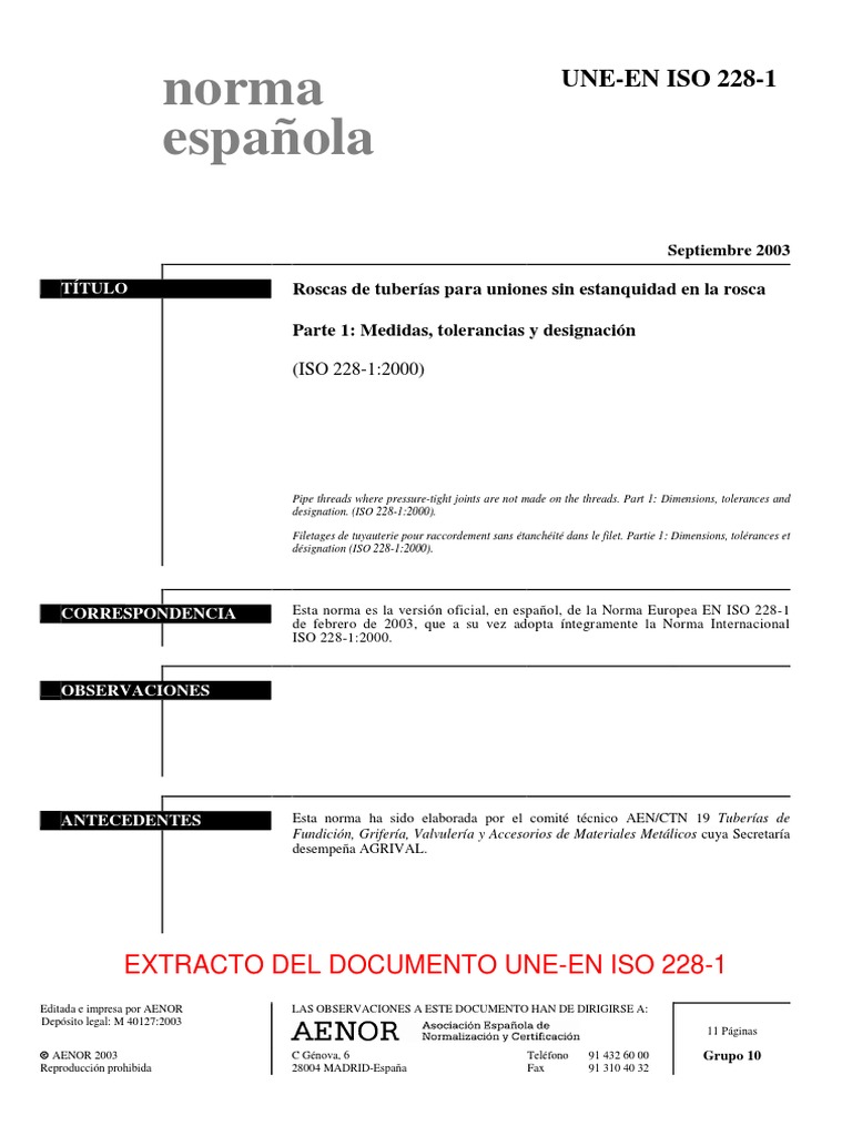 Norma UNE-EN ISO 228-1: Roscas de Tuberías | PDF
