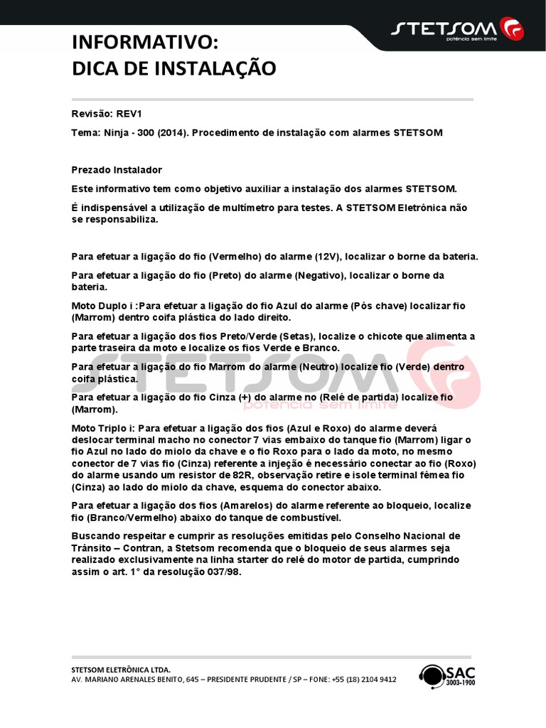 Instalação de Alarmes STETSOM Ninja 300 | PDF