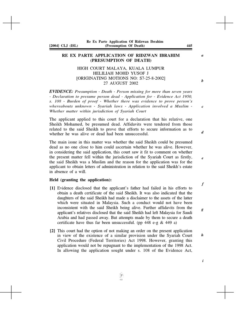 Re ex parte application of ridzwan ibrahim presumption of death pdf