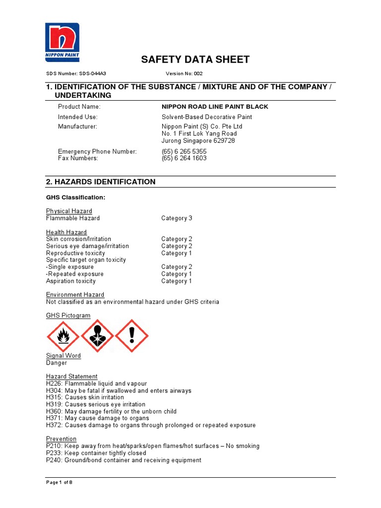 SDS Nippon Roadline Paint PDF Dangerous Goods Toxicity