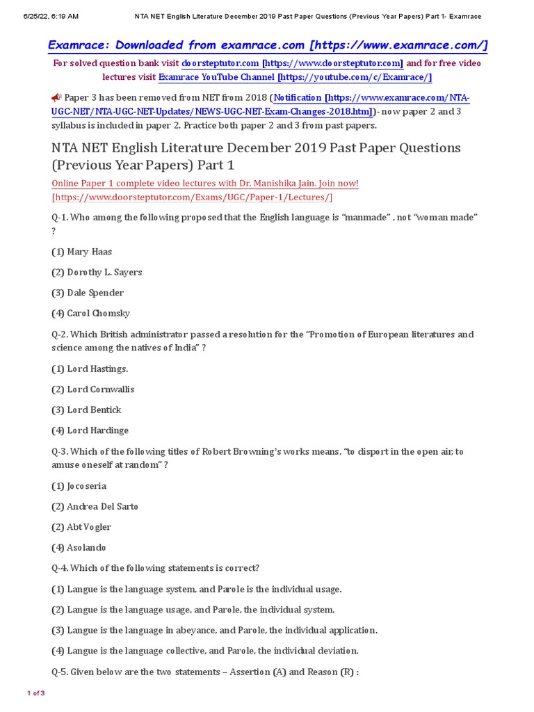 NTA NET English Literature December 2019 Part 1 | PDF | Foreign ...